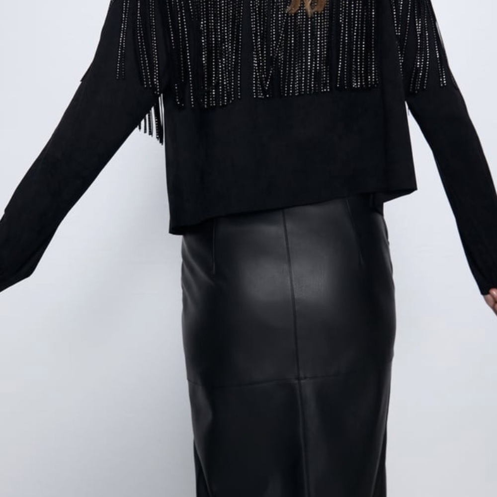 Zara Black Fringe Suede Jacket with Rhinestone Detail - Picture 3 of 6